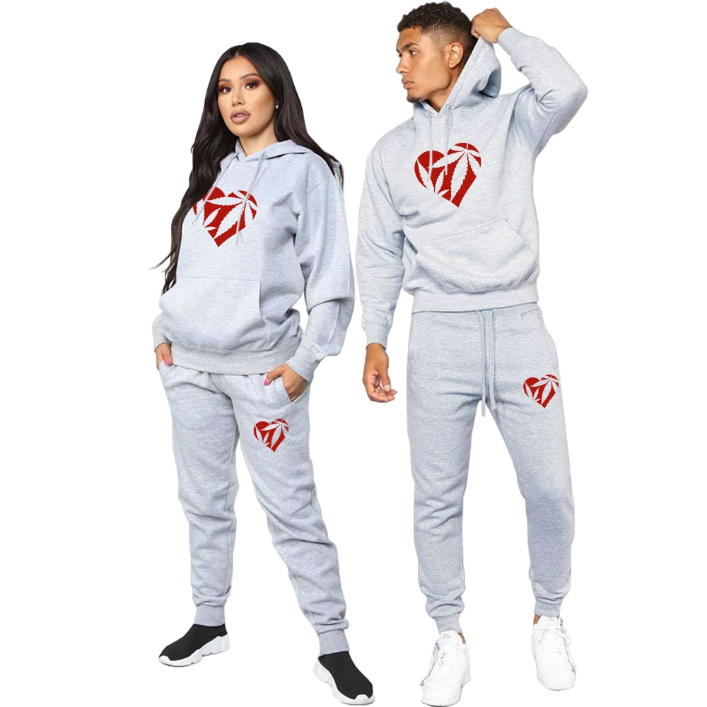 Couple Hoodie and Pants 2 Piece Fashion Maple Leaf Print Sports Suits Sportwear Men&#39;s Clothing Women&#39;s Tracksuit