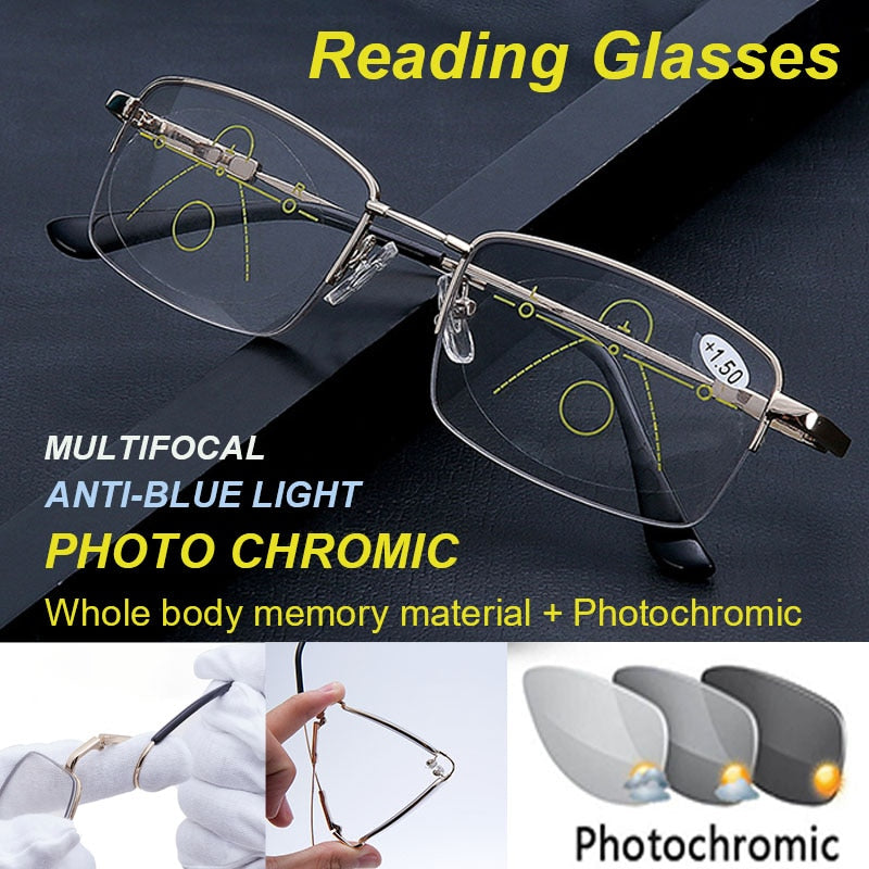 New Titanium Photochromeic Multifocal Reading Glasses Men Anti Blue Light  Progressive Multifocus Reading Glasses Women