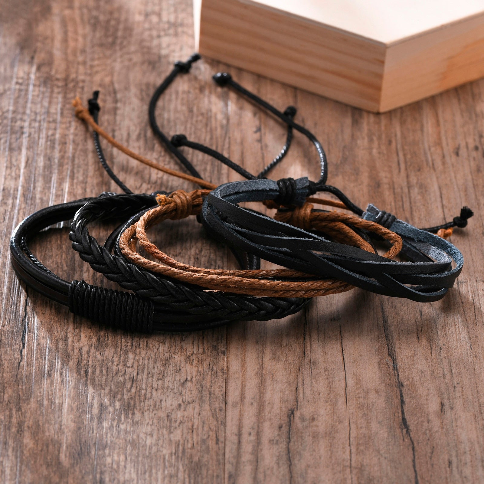 4Pcs/ Set Braided Wrap Leather Bracelets for Men Vintage Life Tree Rudder Charm Wood Beads Ethnic Tribal Wristbands