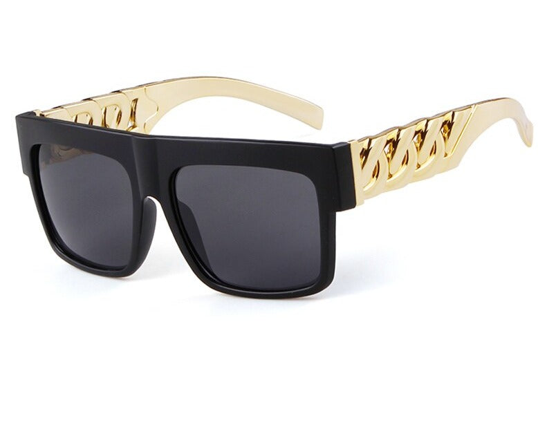 2021 Oversized Hip Hop Sunglasses Men Women Brand Design Flat Top Retro Square Black Sun Glasses Gold Plastic Chain Frame OM725