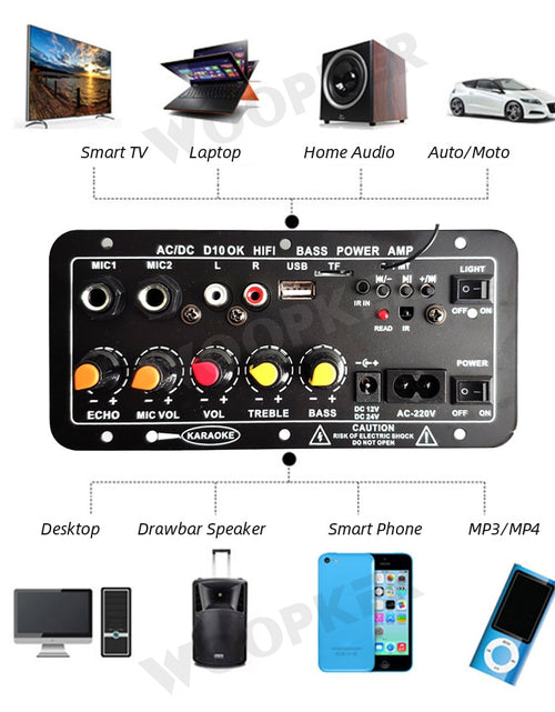 Load image into Gallery viewer, Bluetooth Audio Amplifier Board 120W Subwoofer Dual Microphone AMP Module for 4 ohms 8-12 inch Speaker 12/24V 110/220V
