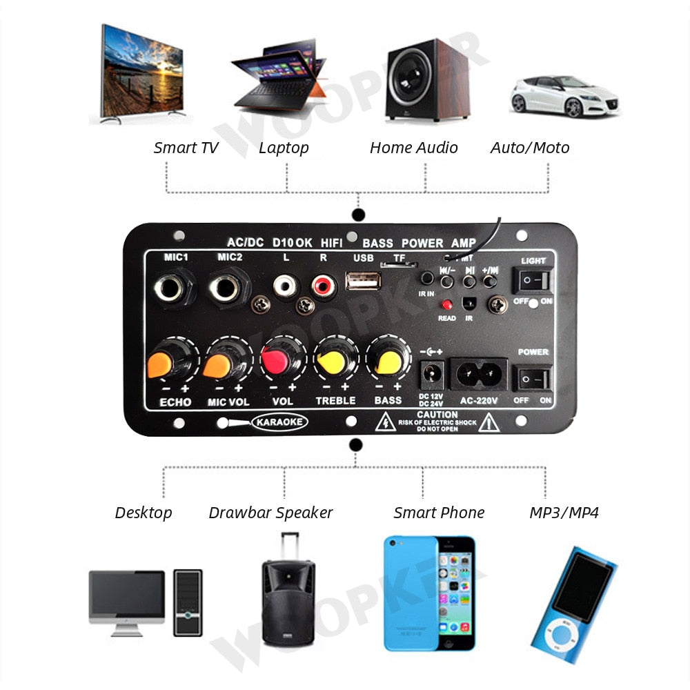 Bluetooth Audio Amplifier Board 120W Subwoofer Dual Microphone AMP Module for 4 ohms 8-12 inch Speaker 12/24V 110/220V