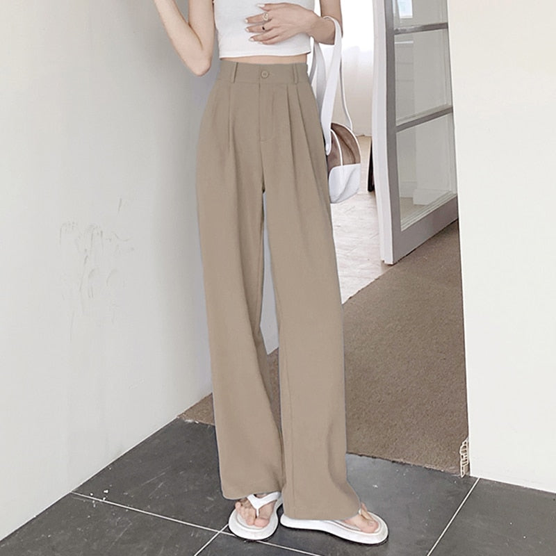 New Straight Wide Leg Women's Pants Korean Style High Waist Pants for Women Solid Color Loose Suit Trousers Female