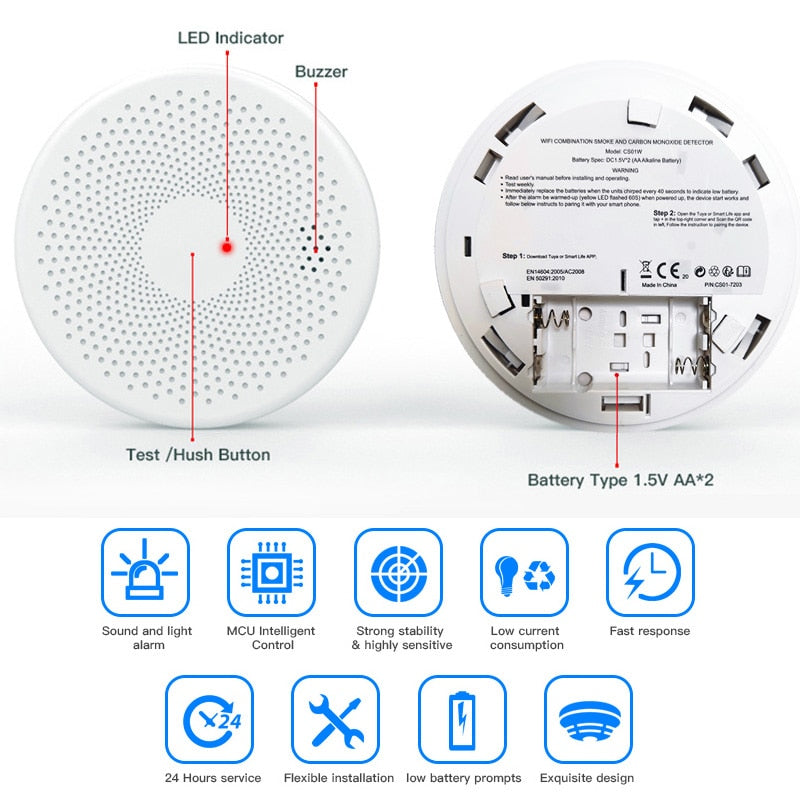 2 in 1 Version WiFi Function Tuya And Smart Life Smoke Detector Sensor &amp; Carbon Monoxide Co Gas Detector Smoke Fire Sound Alarm