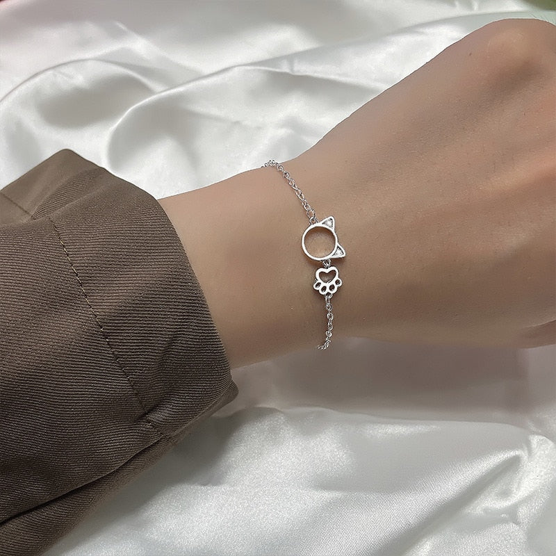 Zircon Cat Paw Bracelets for Woman Girlfriend Sweet Cute Adjustable Chain Bracelet Silver Color Simple Jewelry