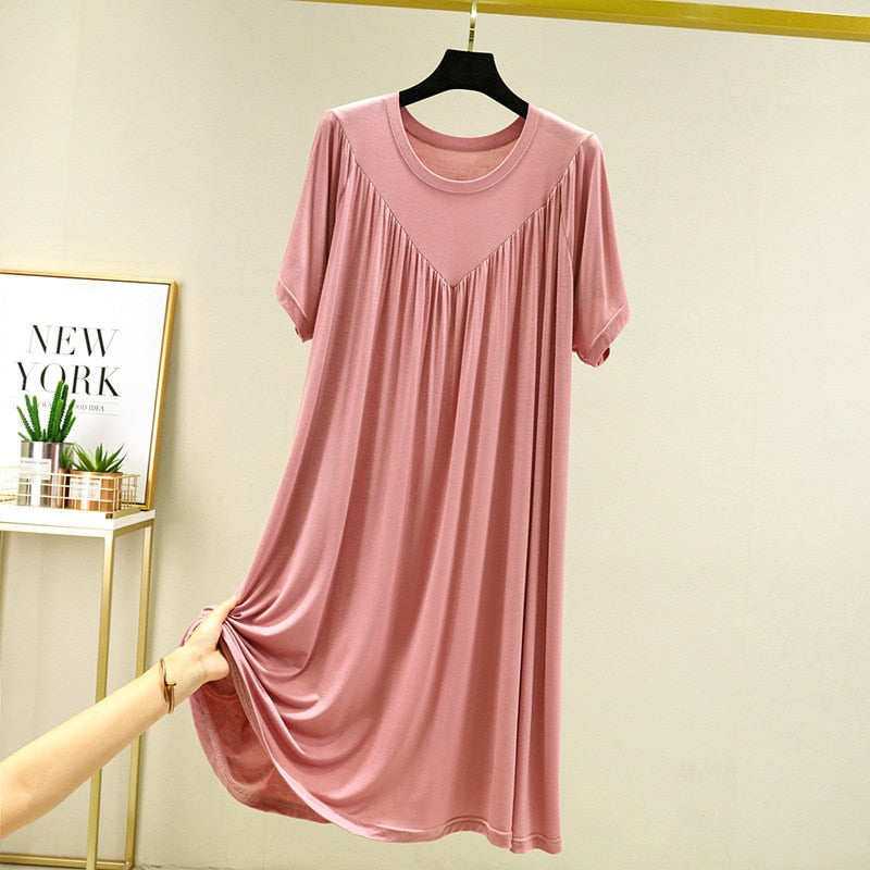 Modal Nightgown Women Cotton Clothes for Summer Loose Large Size Casual Short-sleeved Night Dress Pleated Thin Home Long Dress