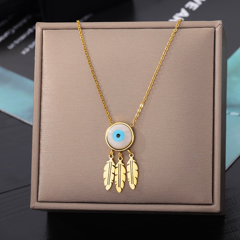 Evil Eye Necklace for Women Stainless Steel Gold Plated Feather Pendants Necklaces 2023 Trend Fashion Aesthetic Jewelry collares