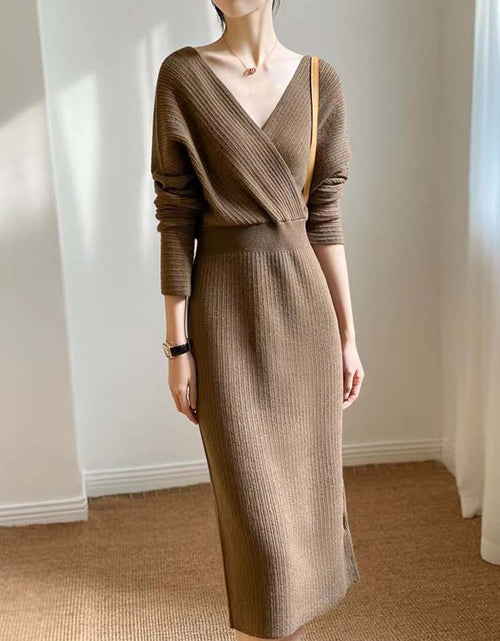 Load image into Gallery viewer, Autumn Winter Elegant Bodycon Sweater Dress Women V Neck Slim Knitted Pencil Long Dress Vestidos Robe Femme
