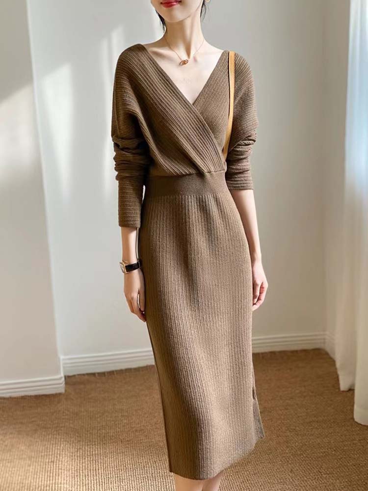 Autumn Winter Elegant Bodycon Sweater Dress Women V Neck Slim Knitted Pencil Long Dress Vestidos Robe Femme