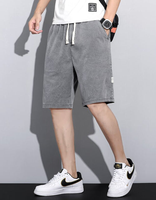 Load image into Gallery viewer, Summer Soft Cosy Lyocell Fabric Men&#39;s Denim Shorts Thin Loose Pants Drawstring Elastic Waist Korea Casual Short Plus Size M-5XL
