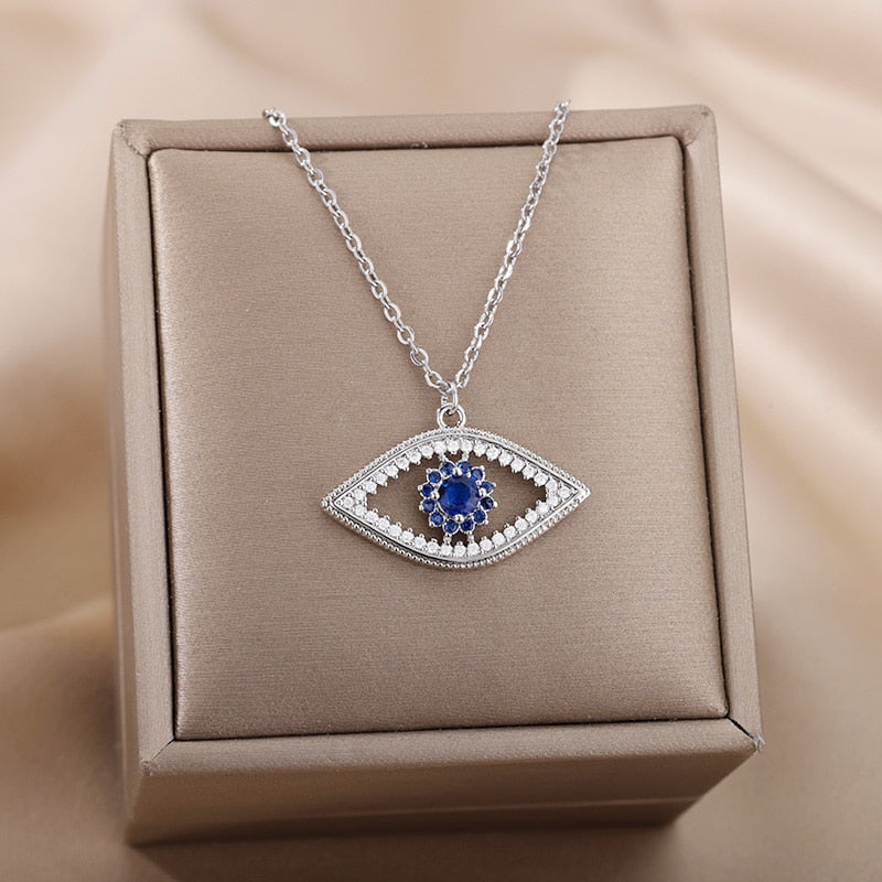 Turkish Evil Eye Pendant Necklace for Women Gold Plated Stainless Steel Necklaces 2023 Trending Choker Lucky Aesthetic Jewelry