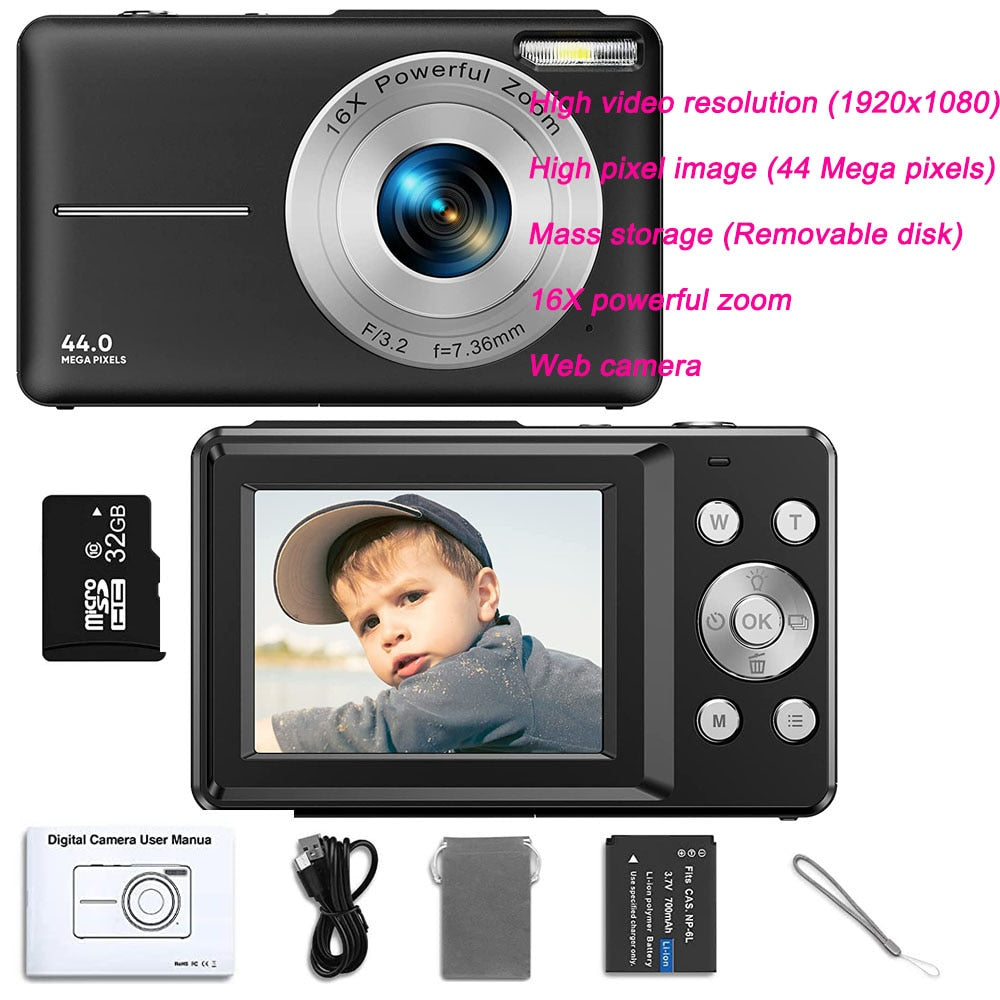 Digital Camera Children Camera for Children Camcorder with 16x Zoom Compact Cameras 1080P 44MP Cameras for Beginner Photography