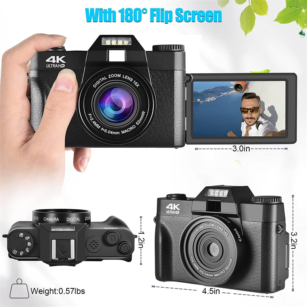 48MP Digital Camera 4K UHD Vlogging Camcorder 3.0&quot; 180° Flip Screen Selfie Digital Webcam For YouTube Wide Angle Macro Lens