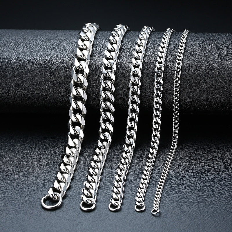 Mens Simple 3-11mm Stainless Steel Curb Cuban Link Chain Bracelets for Women Unisex Wrist Jewelry Gifts