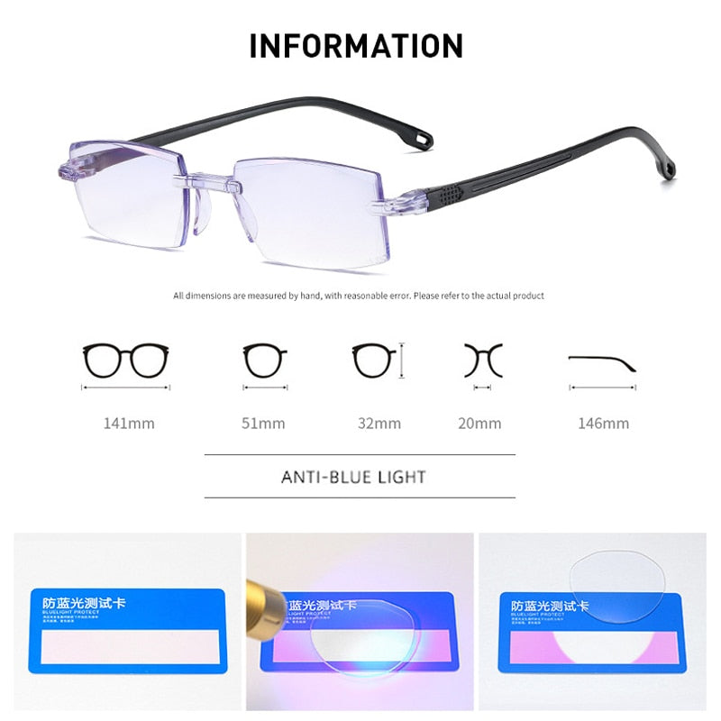 2PCS Rimless Bifocal Progressive Reading Glasses Men Women Near and Far Anti-blue Light Eyesglasses Vintage Prescription Eyewear