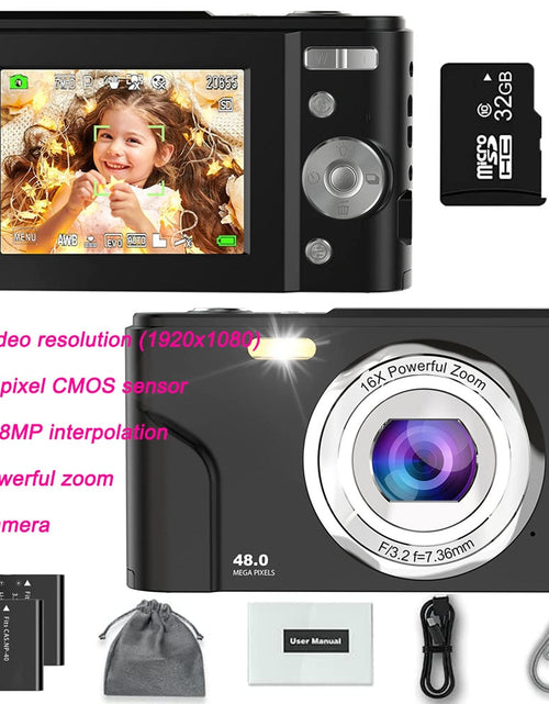 Load image into Gallery viewer, Digital Camera Children Camera for Children Camcorder with 16x Zoom Compact Cameras 1080P 44MP Cameras for Beginner Photography
