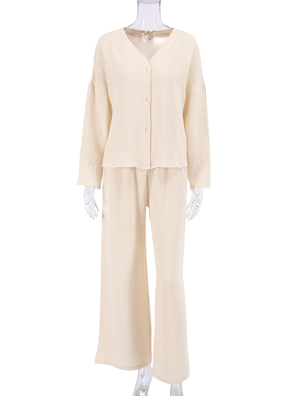 pure Cotton Sleepwear V Neck Single Breasted Wide Leg Pants Trouser Suits Drop Sleeves Set Woman 2 Pieces Loungewear