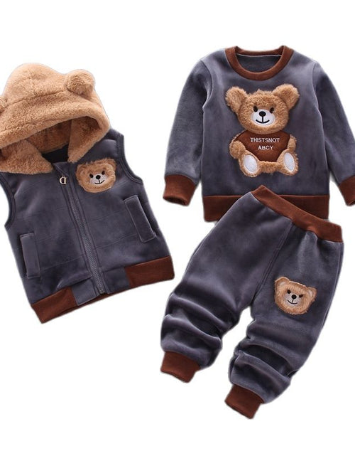 Load image into Gallery viewer, Baby Boys And Girls Clothing Set Tricken Fleece Children Hooded Outerwear Tops Pants 3PCS Outfits Kids Toddler Warm Costume Suit
