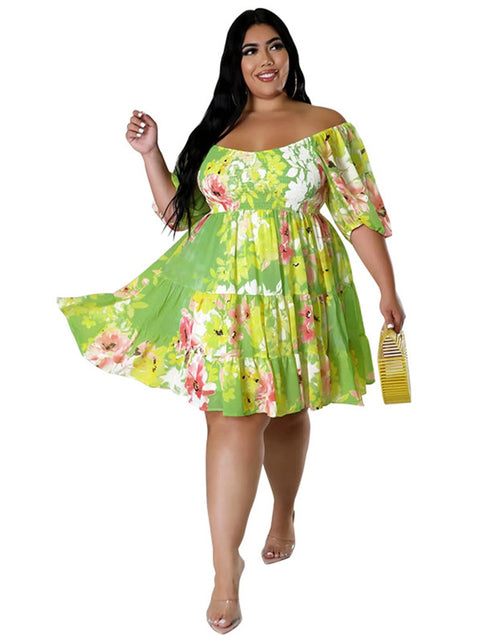 Load image into Gallery viewer, Plus Size Summer Dresses Women&#39;s Clothing Flower Printed One Shoulder Elegant Mini Dress Hot Sale Wholesale Dropshipping
