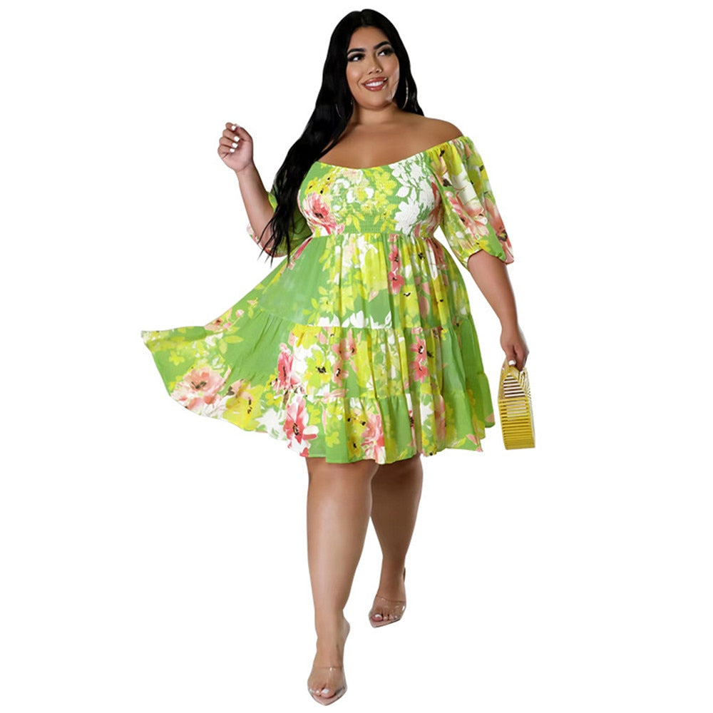 Plus Size Summer Dresses Women&#39;s Clothing Flower Printed One Shoulder Elegant Mini Dress Hot Sale Wholesale Dropshipping