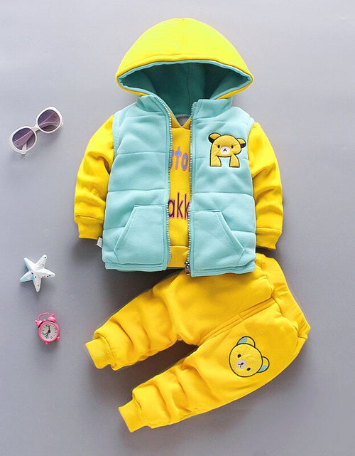 Load image into Gallery viewer, 2022 Autumn Thick Warm Boys Clothing Sets Vest + Hooded Outerwear Tops + Pants 3Pcs Suit For Kids 1-5 Years Toddler Baby Outfit
