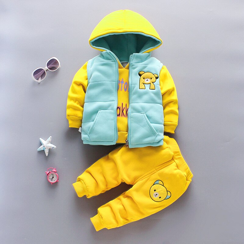 2022 Autumn Thick Warm Boys Clothing Sets Vest + Hooded Outerwear Tops + Pants 3Pcs Suit For Kids 1-5 Years Toddler Baby Outfit