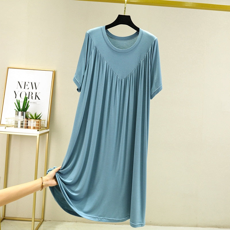 Modal Nightgown Women Cotton Clothes for Summer Loose Large Size Casual Short-sleeved Night Dress Pleated Thin Home Long Dress