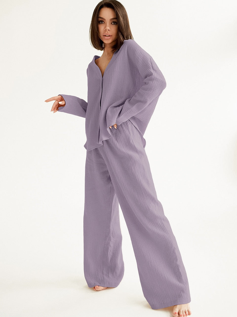 pure Cotton Sleepwear V Neck Single Breasted Wide Leg Pants Trouser Suits Drop Sleeves Set Woman 2 Pieces Loungewear