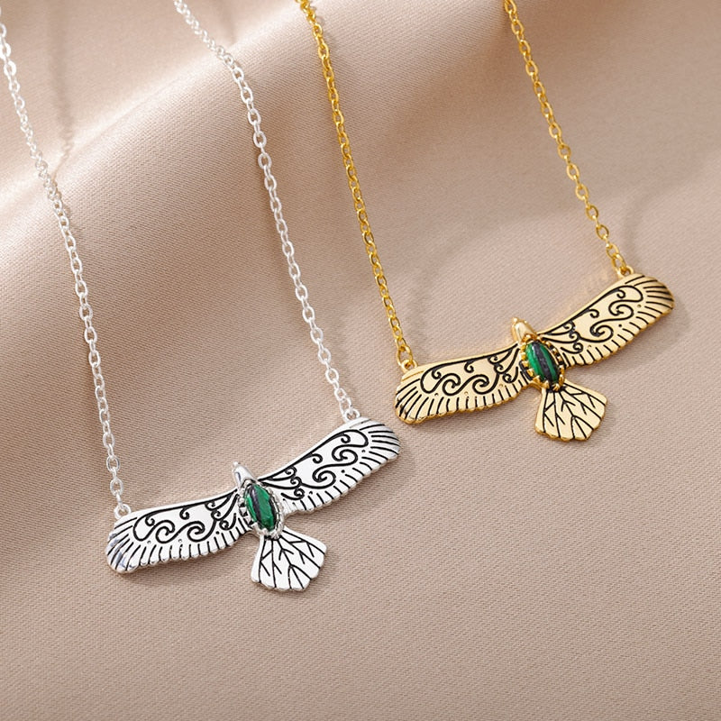 Green Stone Opal Eagle Pendant Necklace for Women Men Goth Gold Plated Stainless Steel Necklaces 2023 Trend Aesthetic Jewelry