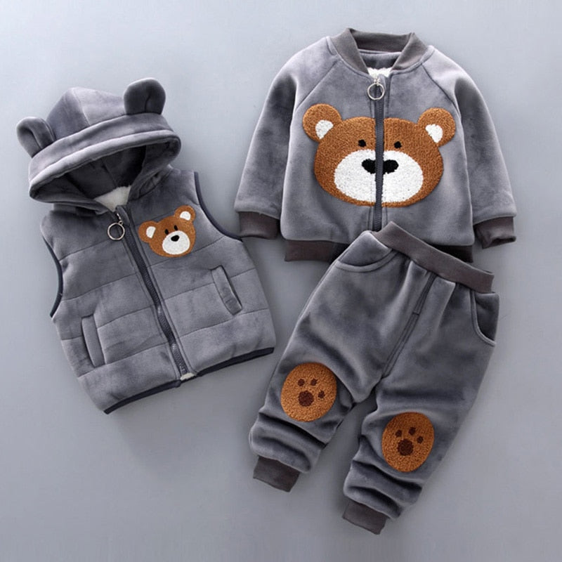 Autumn Winter Baby Boys Clothes Sets Thick Fleece Cartoon Bear Jacket Vest Pants 3Pcs Cotton Sport Suit For Girls Warm Outfits