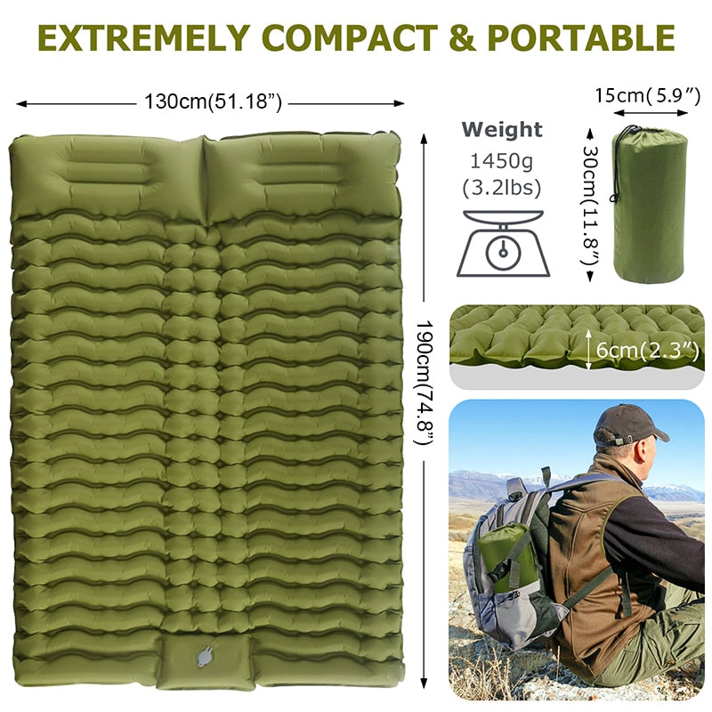 Double Sleeping Pad for Camping Self-Inflating Mat Sleeping Mattress with Pillow for Hiking Outdoor 2 Persons Travel Bed Air Mat