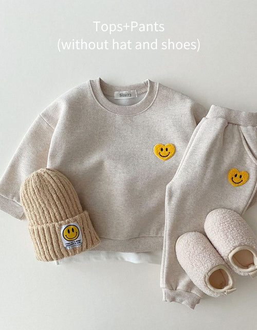 Load image into Gallery viewer, Korea Baby Boys Clothing Sets Fleece Lined Clothes Children Thicken Sweater And Velvet Baby Girls Pullover Tops+ Pant Suits 2PCS
