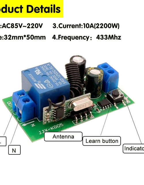 Load image into Gallery viewer, 433MHz Wireless Remote Control Switch AC110V 220V 10A 1CH Relay Module Receiver ON OFF Remote Control For Led Lights Bulb DIY
