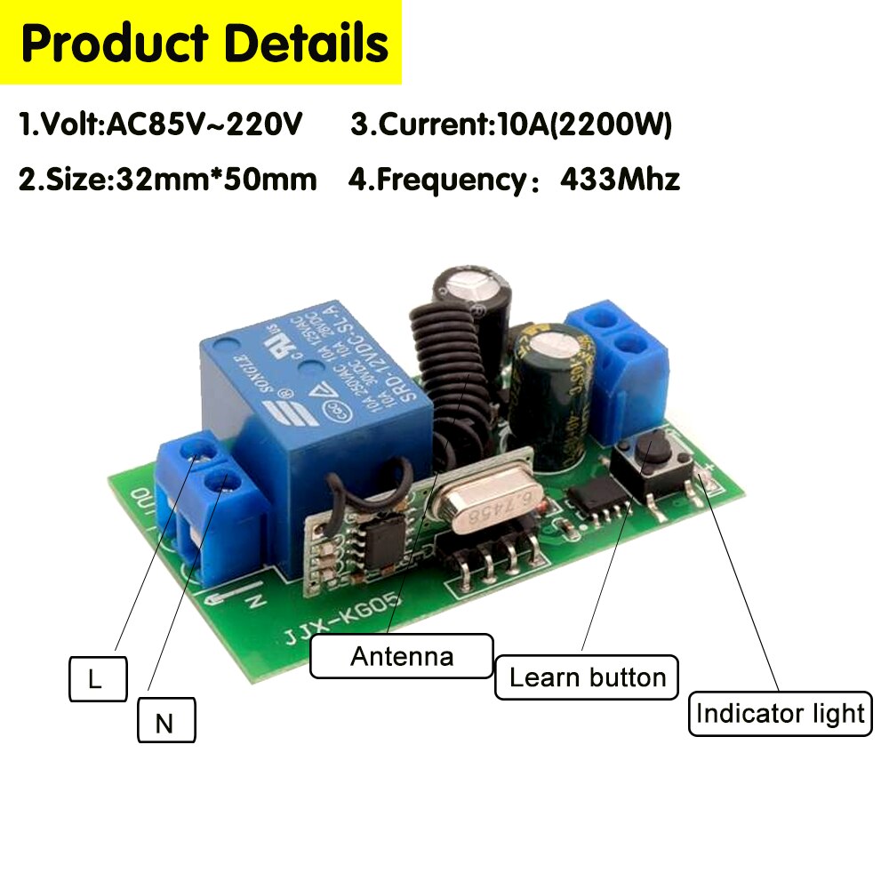 433MHz Wireless Remote Control Switch AC110V 220V 10A 1CH Relay Module Receiver ON OFF Remote Control For Led Lights Bulb DIY