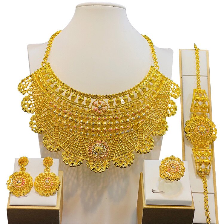 Luxury Dubai Gold Wedding Jewelry Big Necklace Earrings Set for Women Bridal Accessories Gift Indian Jewellery Set