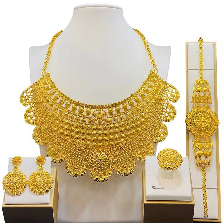 Luxury Dubai Gold Wedding Jewelry Big Necklace Earrings Set for Women Bridal Accessories Gift Indian Jewellery Set