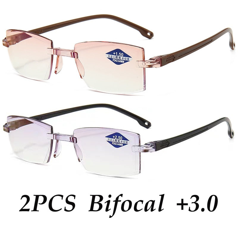 2PCS Rimless Bifocal Progressive Reading Glasses Men Women Near and Far Anti-blue Light Eyesglasses Vintage Prescription Eyewear