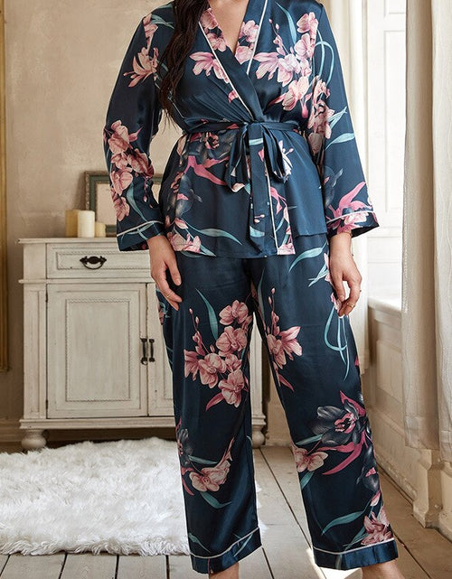 Load image into Gallery viewer, 5xl Large Size Satin Women&#39;s Cardigan Printed Robe with Long Trouser Pajamas Set Loose Conjuntos Feminino Elegante Ladies Suits
