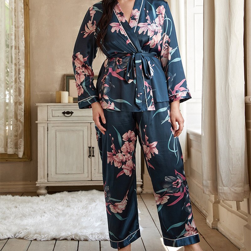 5xl Large Size Satin Women&#39;s Cardigan Printed Robe with Long Trouser Pajamas Set Loose Conjuntos Feminino Elegante Ladies Suits