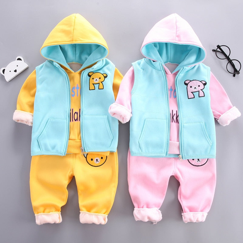 2022 Autumn Thick Warm Boys Clothing Sets Vest + Hooded Outerwear Tops + Pants 3Pcs Suit For Kids 1-5 Years Toddler Baby Outfit