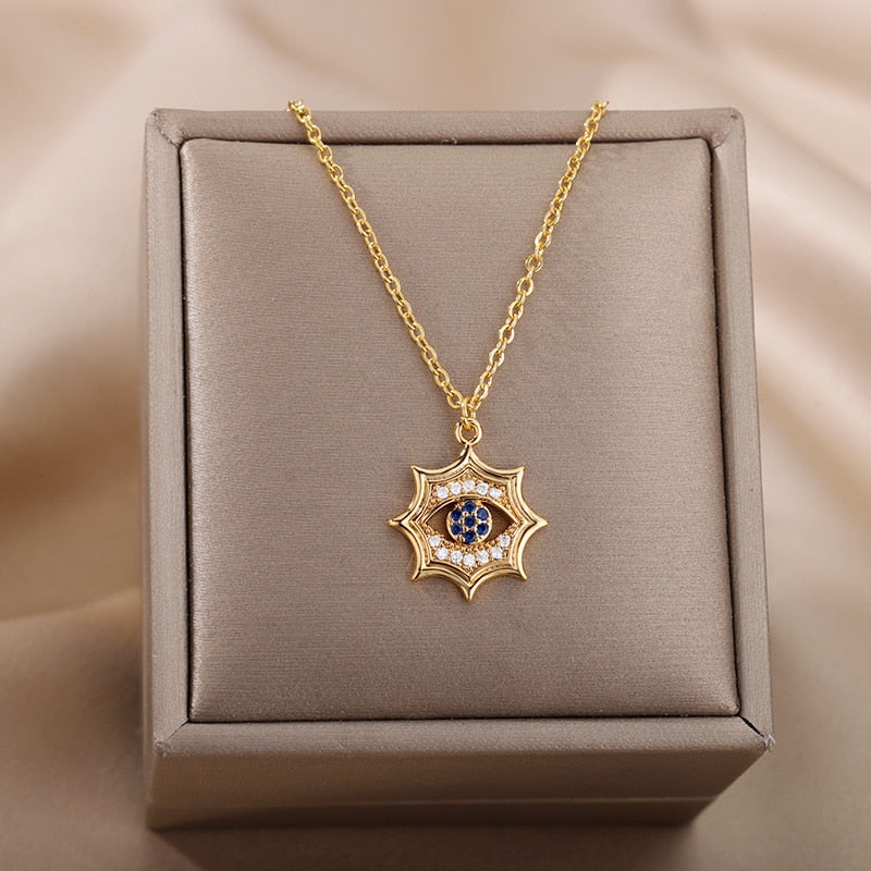 Turkish Evil Eye Pendant Necklace for Women Gold Plated Stainless Steel Necklaces 2023 Trending Choker Lucky Aesthetic Jewelry