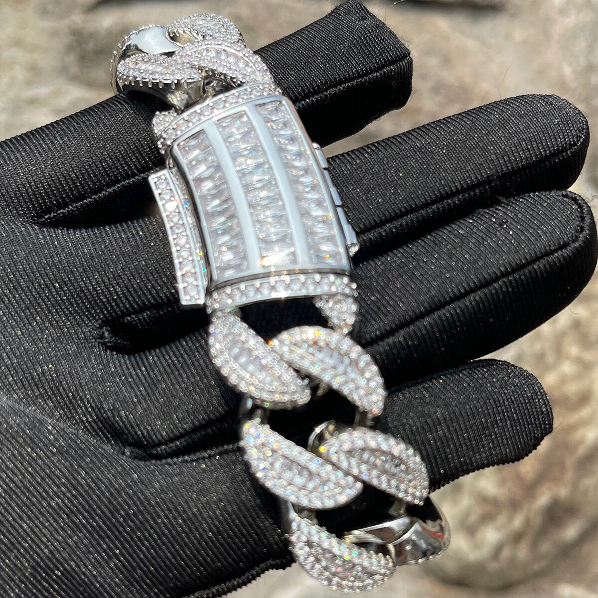 Baguette Cuban Link Bracelet for Men Iced Out Prong Setting Necklace Choker Real Gold Plated Hip Hop Jewelry