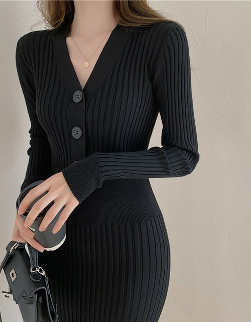 Load image into Gallery viewer, Vintage Knitted Sweater Long Sleeve Dresses Women Slim Bodycon Korean Elegant Fall Winter Button V Neck Sweater Midi Woman Dress
