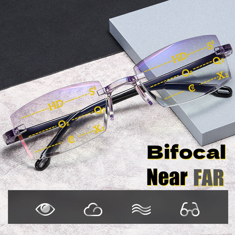 2PCS Rimless Bifocal Progressive Reading Glasses Men Women Near and Far Anti-blue Light Eyesglasses Vintage Prescription Eyewear