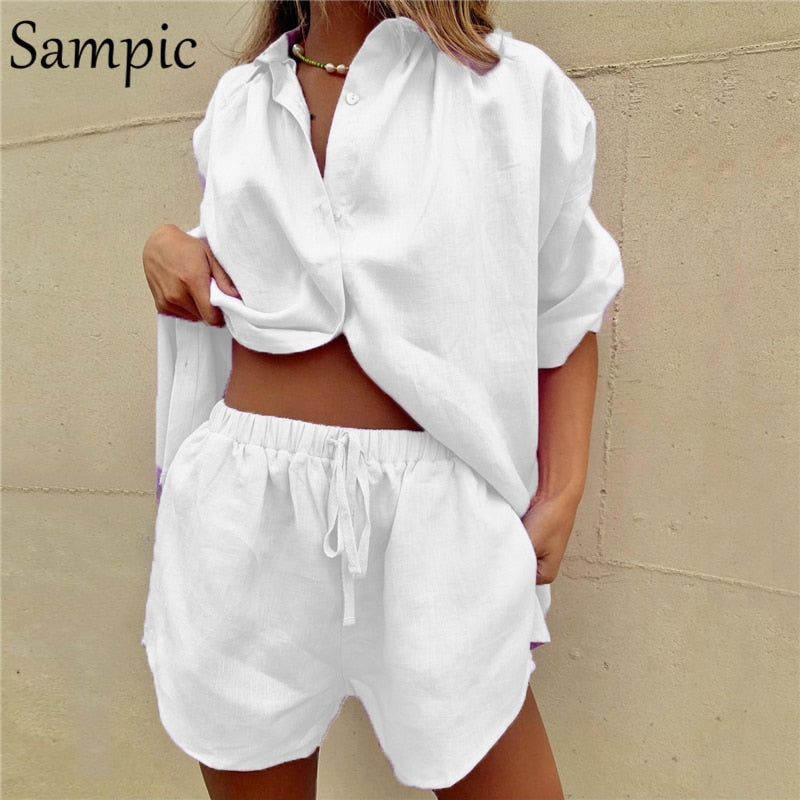 New Casual Summer Tracksuit Female Two Piece Set Solid Color Turn-Down Collar Short Sleeve Shirt Tops And Loose Mini Shorts Suit