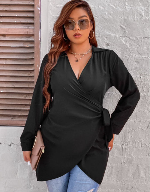 Load image into Gallery viewer, Large Plus Size 4XL Blouse for Women 2022 Peplum Tunic Tops Autumn Winter Black Belt Curvy Casual Oversized Solid Loose T Shirts
