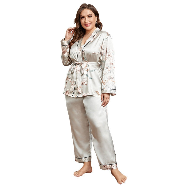 5xl Large Size Satin Women&#39;s Cardigan Printed Robe with Long Trouser Pajamas Set Loose Conjuntos Feminino Elegante Ladies Suits