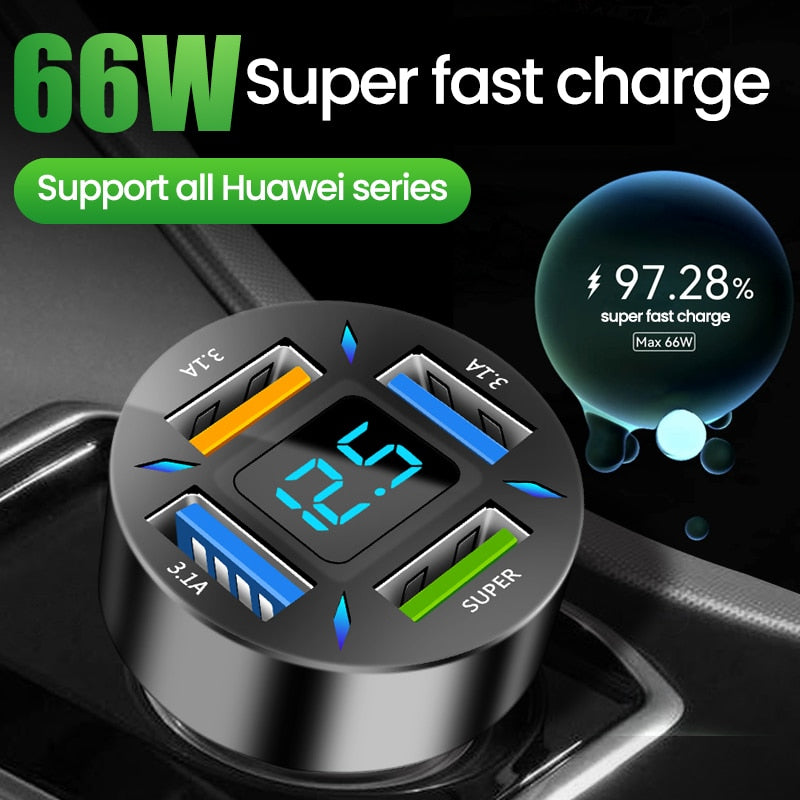 66W 4 Ports USB Car Charger Fast Charging PD Quick Charge 3.0 USB C Car Phone Charger Adapter For iPhone 13 12 Xiaomi Samsung