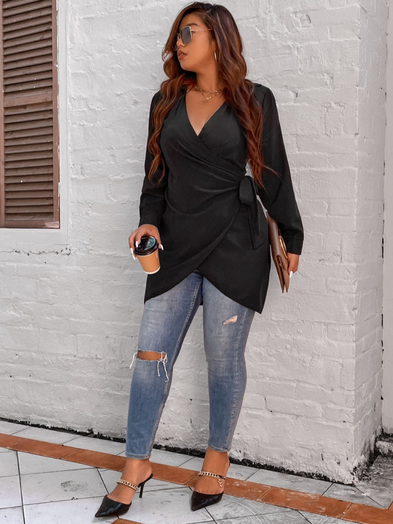 Large Plus Size 4XL Blouse for Women 2022 Peplum Tunic Tops Autumn Winter Black Belt Curvy Casual Oversized Solid Loose T Shirts