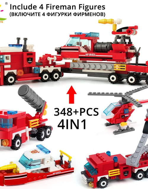 Load image into Gallery viewer, 348pcs Fire Fighting 4in1 Trucks Car Helicopter Boat Building Blocks City Firefighter Figures Man Bricks Children Toys
